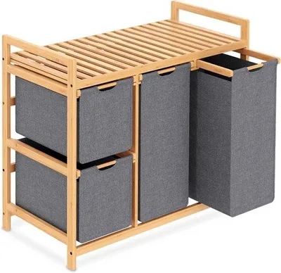 Image de Panier à linge 3 compartiments - Tri du linge - En bois et avec des roulettes