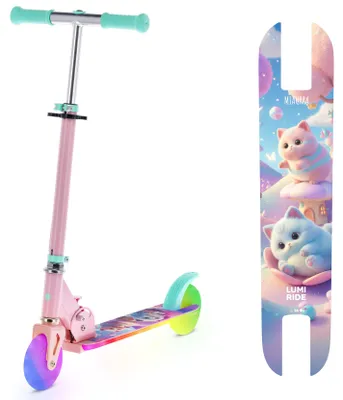 Produktbild von LUMI RIDE Kinder Roller Kinderscooter zweiradscooter mit LED Räder, Hinterbremsen, Höhenverstellbare, bis 50kg belastbar, klappbar rosa Kätzchen Sun Baby