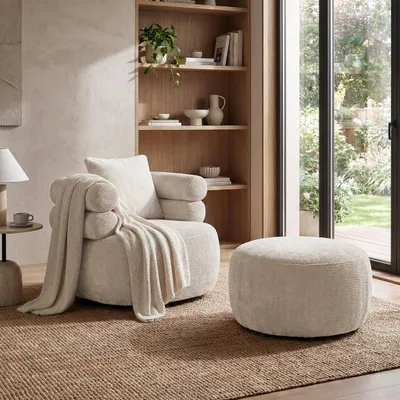 Produktbild von Drehsessel-Set NANO Creme – Drehsessel 360° mit runder Form mit Hocker, Relaxsessel, Lesesessel, Sitzhocker, Fußhocker und Zierkissen
