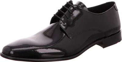 A black patent leather men's dress shoe is shown against a white background.