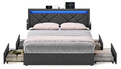 Zdjęcie produktu dla Metalowa rama łóżka z oświetleniem LED, szufladami i zagłówkiem | Ciemnoszary | 185x210,2x94,7 cm