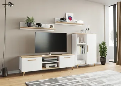A modern living room setup featuring a TV stand, cabinet, and shelves.