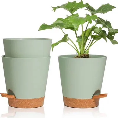 Productafbeelding van Unyqoos® Zelfwaterende bloempot van kunststof, set van 3 ronde potten van 16,5 x 16,5 cm met onderzetters, groen – Geschikt voor binnen, balkon, vetplanten en cactussen
