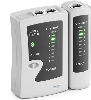 A white network cable tester set, consisting of a master and a remote unit, is shown against a white background. The master unit has a switch and indicator lights, while the remote unit also has indicator lights.