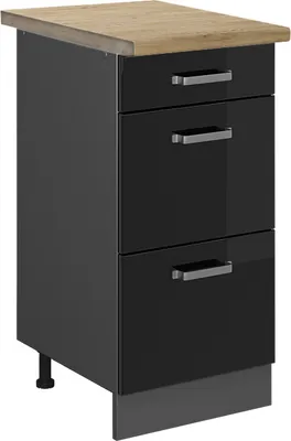 Produktbild von Küchenunterschrank Vicco R-Line Schwarz Hochglanz 40 cm mit Schubladen, AP Eiche, Model 46052