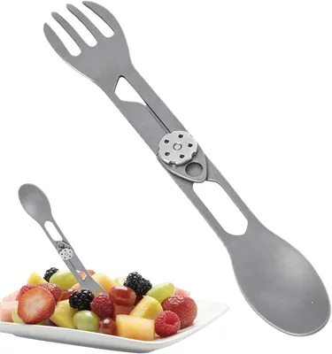 Immagine prodotto di Posata multifunzione in titanio - Cucchiaio-forchetta - Ideale per l'outdoor - Apribottiglie pieghevole - 16,7 cm - Titanio