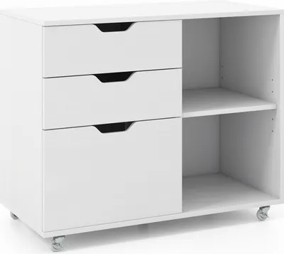 Produktbild von COSTWAY Rollcontainer mit 3 Schubladen, offenen Fächern & Rollen, Aktenschrank für Dokumente in DIN A4-, Letter-, Legal Format Rustikal Weiß