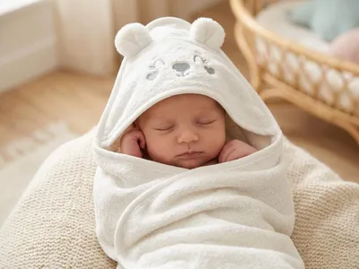 Produktbild von Kinderhandtuch mit Kapuze NUBI 75x75, weiß, KI-generiertes Bild