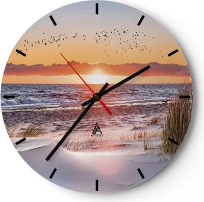 Produktbild von Wanduhr - Rund - Glasuhr - Sonne Strand Vögel - 30x30cm - Schleichendes Uhrwerk - Lautlos - zum Aufhängen bereit - Dekoration Modern - Wanddekoration aus Glas - C3AR30x30-4727
