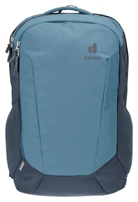 A front view of a blue and dark gray Deuter backpack.