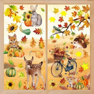 Immagine prodotto di Decorazioni autunnali per finestre, 9 pezzi, adesive, con motivi di foglie d'acero, animali, in vari colori