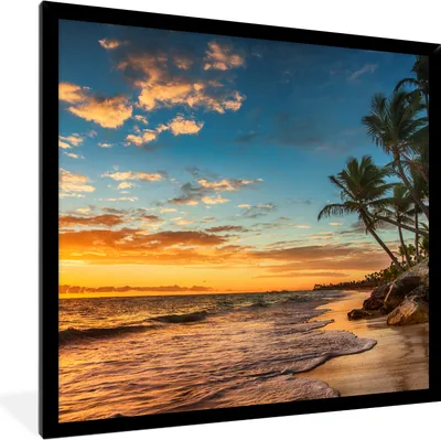 Produktbild von MuchoWow® Gerahmtes Poster Strand - Sonnenuntergang - Meer - Palme 40x40 cm - Poster mit Schwarzem Bilderrahmen Wandposter Rahmen Foto Bilder - Mit Rahmen - Wanddekoration Schlafzimmer