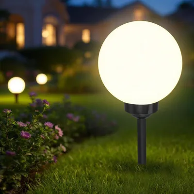 Immagine prodotto di Lampada solare a sfera LED regolabile in altezza con picchetto - Ø 20 cm - Lampada solare da giardino bianco caldo con picchetto