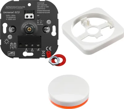 Produktbild von EBROM® Unterputz UNIVERSAL LED Dimmer -der AllesDimmer- Drehdimmer Phasenabschnitt + Phasenanschnitt LED 3-100 Watt, Halogen 10-220 W/VA + Busch Jäger Zentralscheibe 2115-214 in Reflex Si alpinweiß