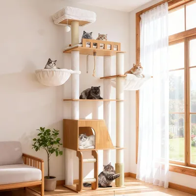 Image de Arbre à chat Kratzbaum, 184 cm de hauteur, avec hamac, grande plateforme et échelle d'escalade