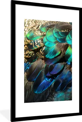 Produktbild von MuchoWow® Gerahmtes Poster Federn - Pfauenfedern - Pfau - Blau - Kunst 60x90 cm - Poster mit Schwarzem Bilderrahmen Wandposter Rahmen Foto Bilder - Dekoration - Wandposter Wohnzimmer - Hochwertig
