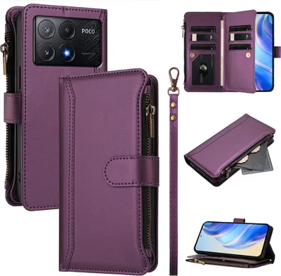 Obrázek produktu pro Pouzdro pro Xiaomi Redmi K70E/Poco X6 Pro, zipem, peněženkovéPolyuretankožené flip pouzdro s kapsami na karty, stojánkem a poutkem na ruku Fialová