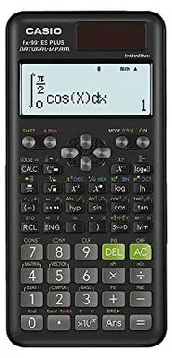 A black Casio fx-991ES PLUS scientific calculator is shown from a front-facing, slightly angled view against a black background. The calculator's screen displays a mathematical integral equation.