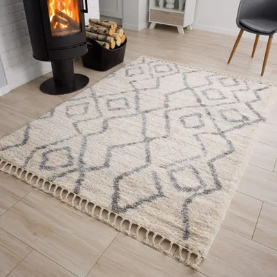 Obrázek produktu pro Koberec obývací pokoj ložnice béžová krémová vysoký vlas dlouhý vlas třásněmi boho čtverce 80 x 200 cm