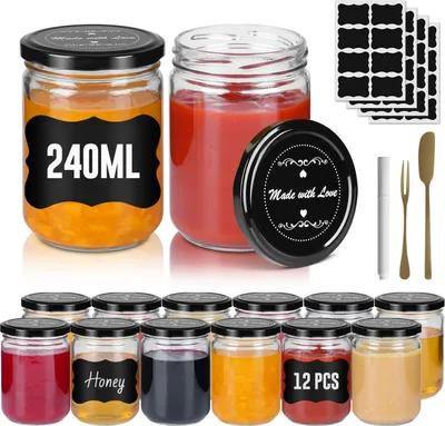 Obrázok produktu pre XMTECH sada 12 zaváracích pohárov 240 ml - zaváracie poháre s čiernym skrutkovacím viečkom, vrátane štítkov a pera