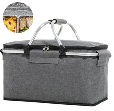 Produktbild von 1 Picknickkorb, tragbare, faltbare Kühltasche, Einkaufskorb mit Deckel, 2 stabile Griffe, Aufbewahrungskorb für Picknicks, Lebensmittellieferung – Grau