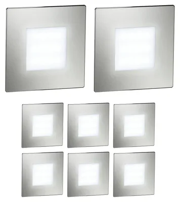 Productafbeelding van ledscom.de 8x LED-traplelamp/wandlamp FEX voor binnen- en buitengebruik, vierkant, roestvrij staal, 85 x 85 mm, koud wit
