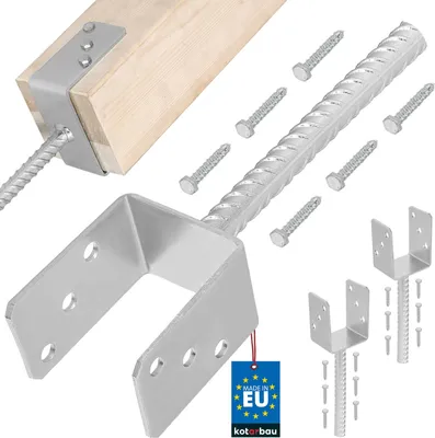 A collection of metal post anchors and screws, with a piece of wood showing one anchor attached.
