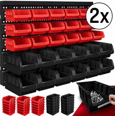 A wall-mounted storage system with multiple bins, some red and some black, along with separate stacks of red and black bins in the foreground, and a black bin filled with hardware in the lower right corner.