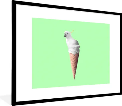 Produktbild von MuchoWow® Gerahmtes Poster Papagei - Eistüten - Eiscreme - Weiß - Grün 80x60 cm - Poster mit Schwarzem Bilderrahmen Wandposter Rahmen Foto Bilder - Schlafzimmer-Dekorationen - Fotoposter