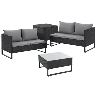Schwarze Polyrattan Gartenlounge mit einzelnen Elementen bestehend aus zwei Bänken, einer Kissenbox 