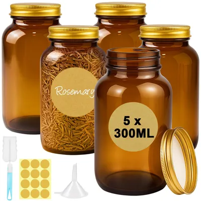 5 Braunglas-Vorratsgläser 300 ml luftdicht mit Deckel