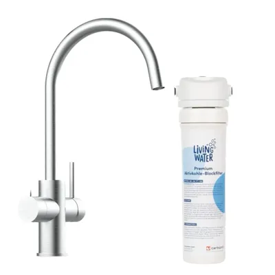 Produktbild von Living Water Wasserfilteranlage, Untertisch-Wasserfilter-Wasserhahn mit 3-Wege-Edelstahl mit C-Auslauf Hochdruck | gebürstet