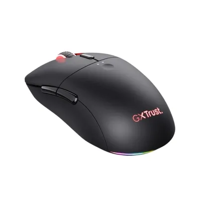 A black gaming mouse with RGB lighting on a white background.
