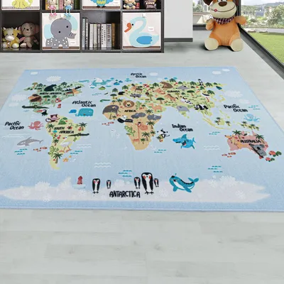 Produktbild von Carpetsale24 Kinderteppich Weltkarte Design Jungen Teppich Mädchen, Spielteppich Kinderzimmer Teppich, Robust, Grösse: 160x230 cm