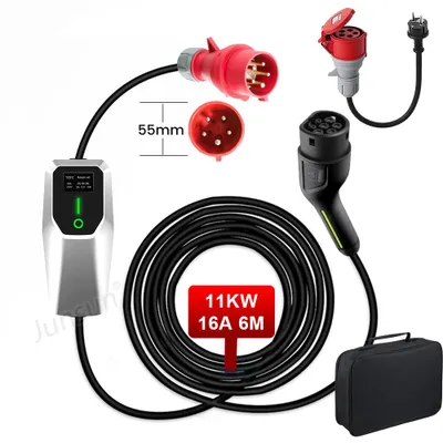 Immagine prodotto di Hexinex 11 kW trifase 6-16 A, tipo 2, portatile con cavo da 6 m – Caricabatterie intelligente per auto elettriche, IP67, con spina da CEE a Schuko inclusa