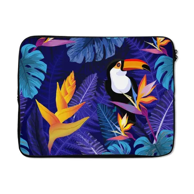 Produktbild von MuchoWow® Laptop Hülle 15 Zoll Dschungel - Tukan - Blumen - Pflanzen - Kinder - Lila - Tiere Laptoptasche - Laptoptasche - Sleeve - Rundum-Schutz