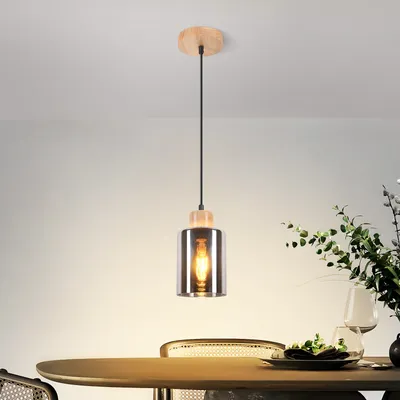 Produktbild von ZMH Pendelleuchte Holz Hängelampe esstisch Hängeleuchte 1 flammig Vintage E27 Industrial Küchenlampe hängend Rauchglas Esszimmer Ohne Leuhctmitte