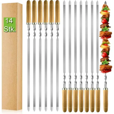 Produktbild von Premium 14er Set Edelstahl Grillspieße 55 cm – extra stabile 2 mm Flachspieße – rostfrei, wiederverwendbar – perfekt für BBQ, Grill & Camping