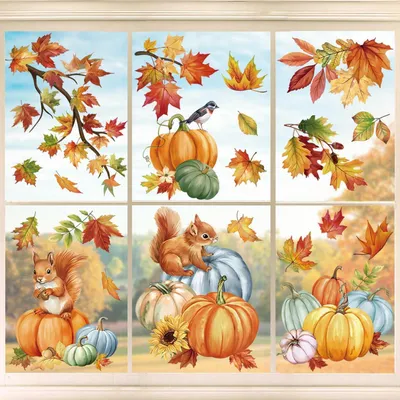 Productafbeelding van Vensterdecoraties, herfstthema: esdoornbladeren, pompoen, eekhoorn. PVC, 9 stuks, 20x30 cm