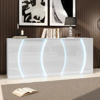 Obrázok produktu pre Komoda, skriňa do obývačky s tromi dverami, úložné skrine s LED osvetlením dverí, dizajnové dvere skríň, 150 x 40 x 70 cm