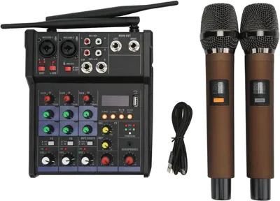 Immagine prodotto di Mixer stereo - Pannello di controllo - Mixer audio - Tavola di mixaggio - Tavola di mixaggio audio con 2 microfoni wireless - Stereo a 4 canali