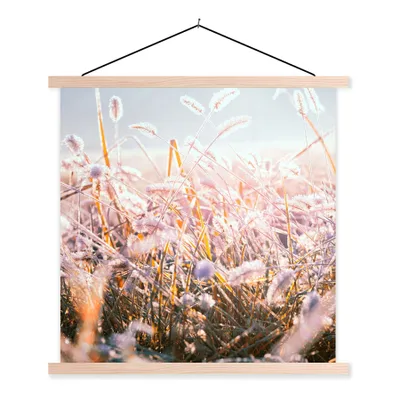 Produktbild von MuchoWow® Textilposter Gras - Sonne - Winter - Schnee 60x60 cm mit holzfarbenen Rahmen - Wanddekoration