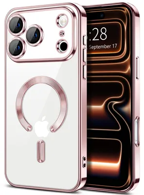 Obrázek produktu pro Měkké průhledné magnetické pouzdro pro iPhone 17 Pro Max, kompatibilní s MagSafe, s ochranou fotoaparátu, galvanicky pokovené TPU Růžový