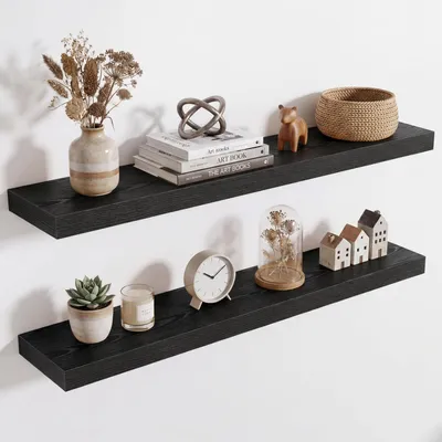 Image de Étagère murale en bois, noire, lot de 2, 90 cm