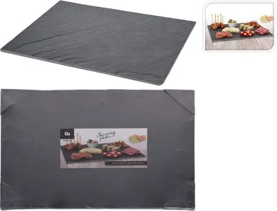A collage showing a slate serving platter in two different contexts: one isolated and one with food arranged on it, along with packaging.