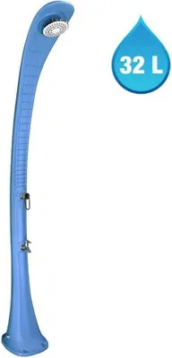 A blue outdoor shower with a water drop icon indicating 32L capacity.