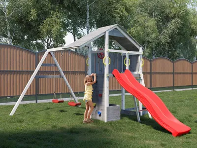 Produktbild von Fungoo Grau Weiß Spielturm Smart 4, Doppelschaukel, Sandkasten, Kletterwand, Leiter, Toybox, Fernrohr, Lenkrad, Kiefer Holz, Garten Spielgerät