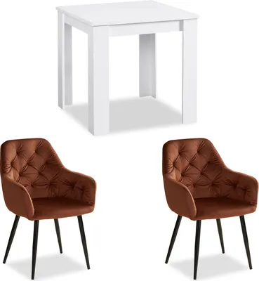 Produktbild von Homestyle4u Essgruppe mit 2 Stühlen 3 tlg Esstisch Set Weiß 80x80 cm Küchentisch Samt Esszimmergruppe