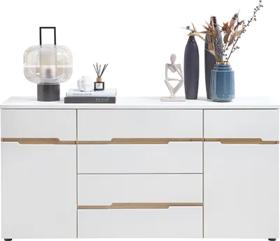 Produktbild von Wohnzimmer-Sideboard mit 165 cm Breite in weiß supermatt und Eiche - MANRESA-36