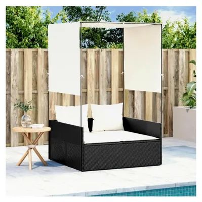 Produktbild von Doppelliege mit Dach und Vorhängen Schwarz Poly-Rattan, Gartenliege, Liegestuhl, Sonneninsel Outdoor, Gartenmöbel, Relaxliege